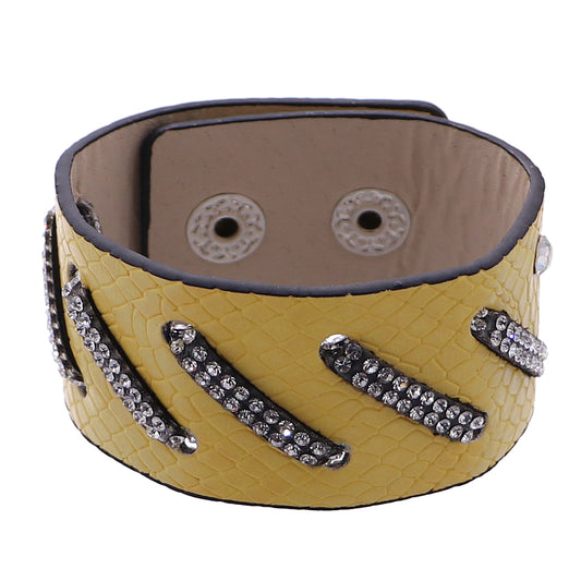 Yellow Faux Leather Rhinestone Snap Bracelet