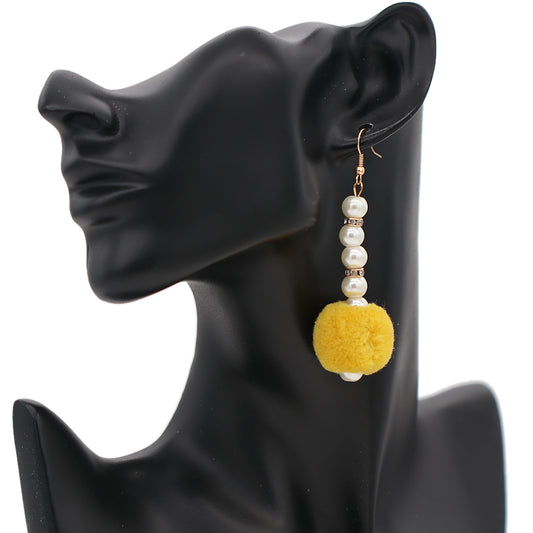 Yellow CZ Faux Pearl Pom Pom Earrings