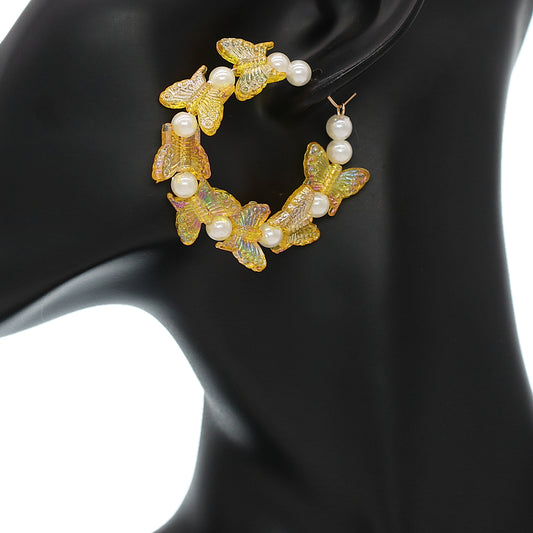 Yellow Butterfly Faux Pearl Mini Hoop Earrings