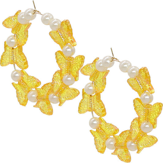 Yellow Butterfly Faux Pearl Mini Hoop Earrings