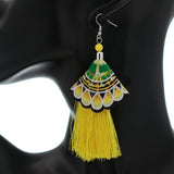 Yellow Embroidered Ruffle Long Tassel Dangle Earrings