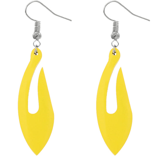 Yellow Tribal Fishhook Design Wooden Earrings