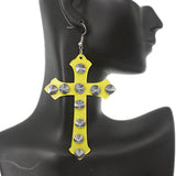 Yellow Glitter Studded Cross Earrings