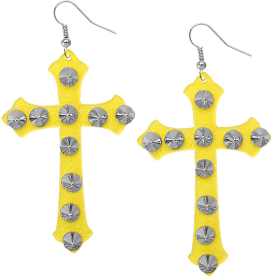 Yellow Glitter Studded Cross Earrings