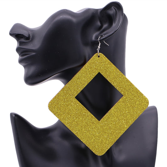 Yellow Large Wooden Glitter Hollow Earrings