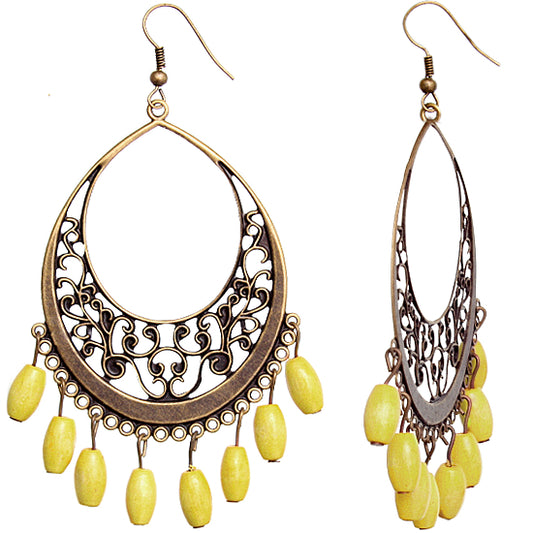 Yellow Gold Wooden Filigree Drop Earrings