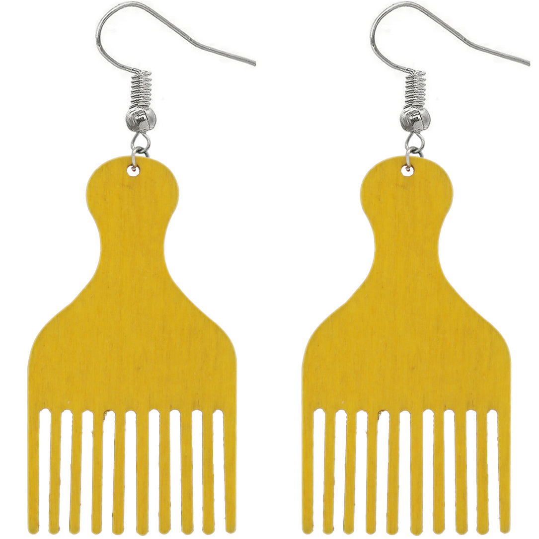 Yellow Afro Pick Comb Afrocentric Wooden Earrings