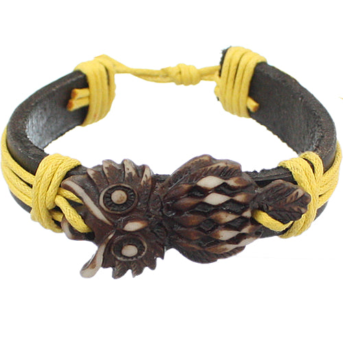 Yellow Faux Leather Hoot Owl String Bracelet