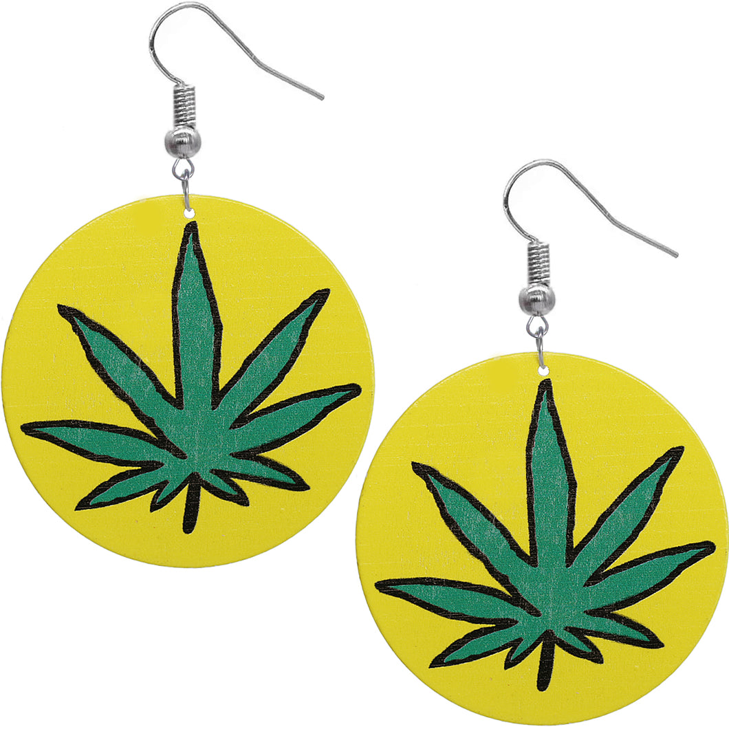 Yellow Large Marijuana Leaf Wooden Earrings