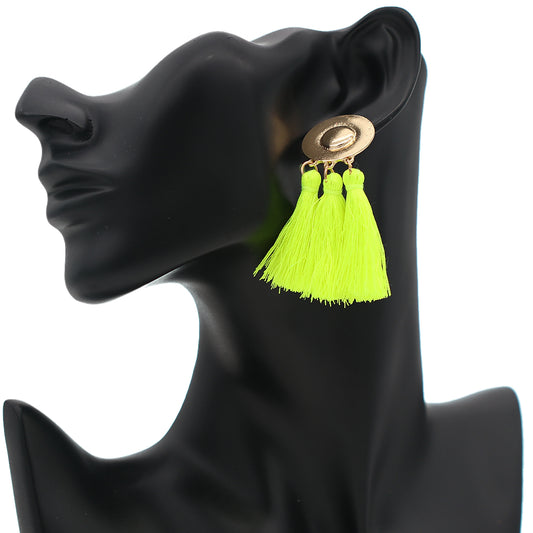 Neon Yellow Metal Tassel Dangle Earrings