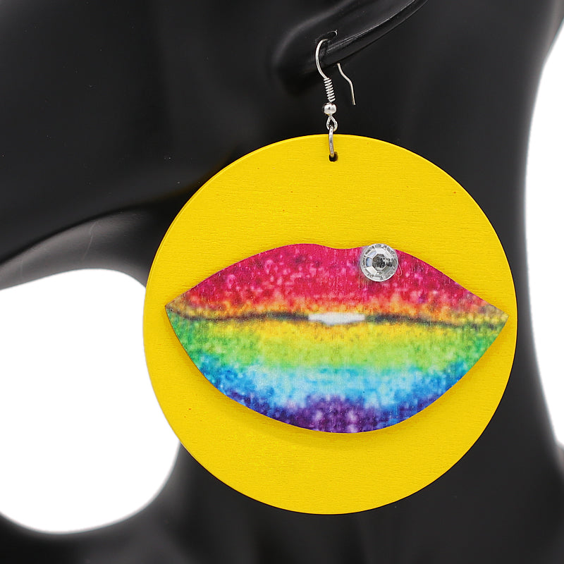 Yellow Multicolor Big Lip Wooden Earrings