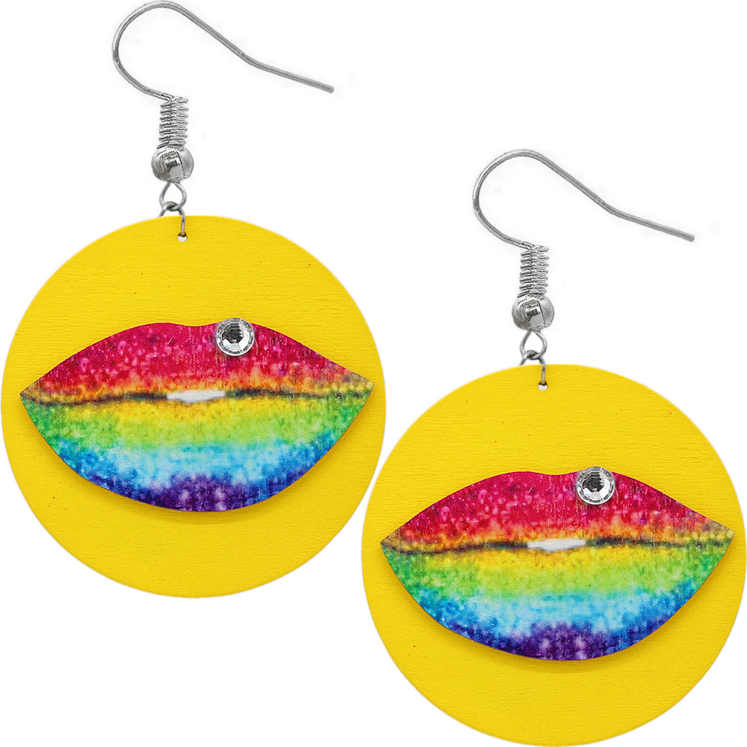 Yellow Multicolor Big Lip Wooden Earrings