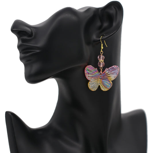 Pink Yellow Bead Ombre Butterfly Earrings