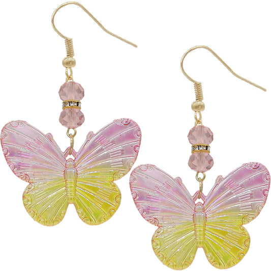 Pink Yellow Bead Ombre Butterfly Earrings
