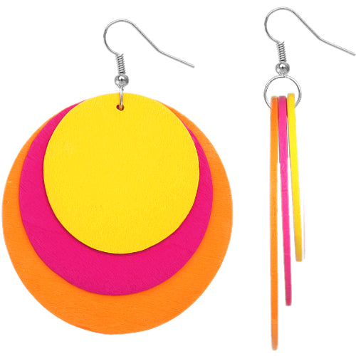 Yellow Pink Layered Wooden Dangle Earrings