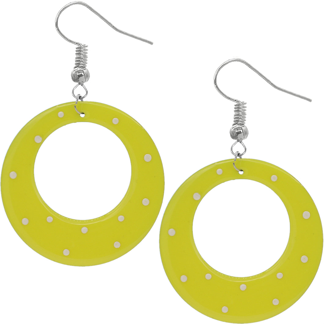 Yellow White Round Polka Dot Dangle Earrings