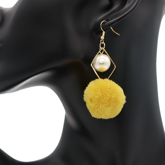 Yellow Pom Pom Rhombus Shaped Dangle Earrings