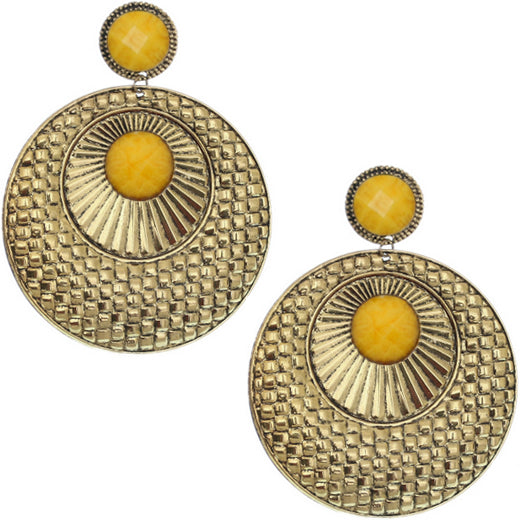 Yellow Large Beaded Thin Disc Earrings