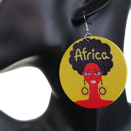 Yellow Red Woman Afro Wooden Earrings