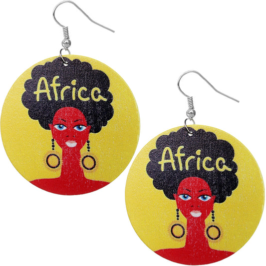 Yellow Red Woman Afro Wooden Earrings