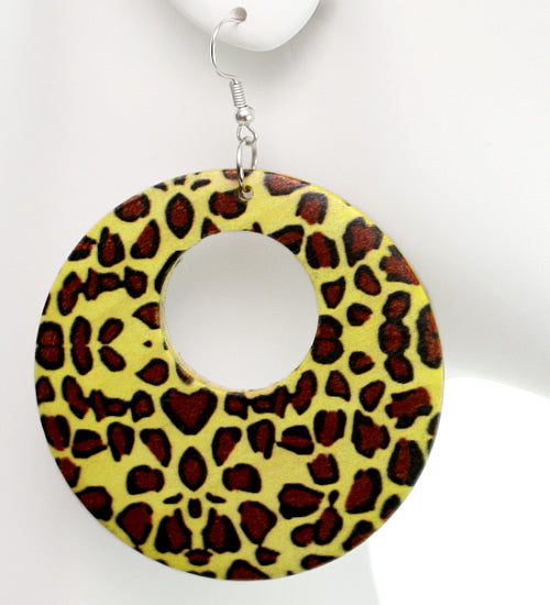 Yellow Round Wooden Cheetah Earrings
