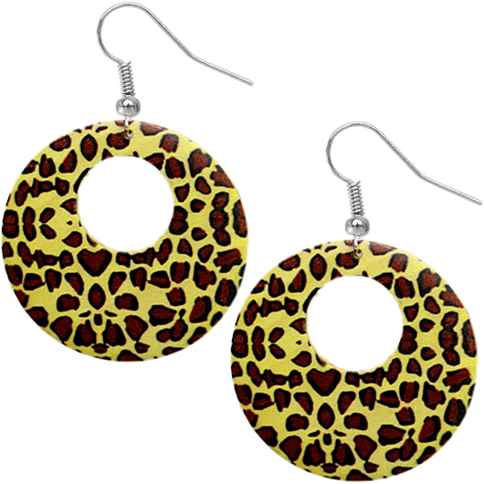 Yellow Round Wooden Cheetah Earrings