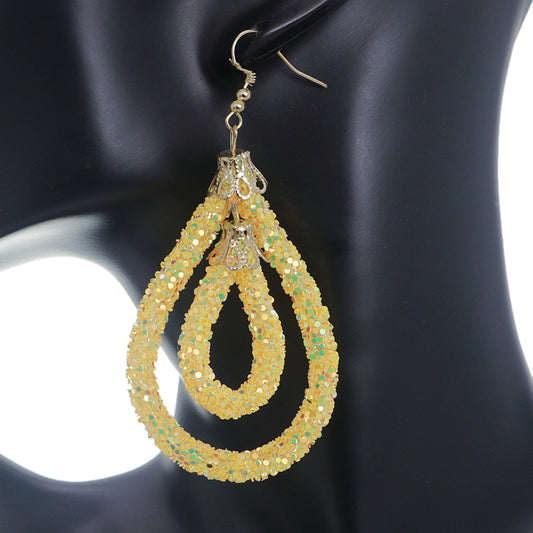 Yellow Sequin Confetti Double Teardrop Hoop Earrings