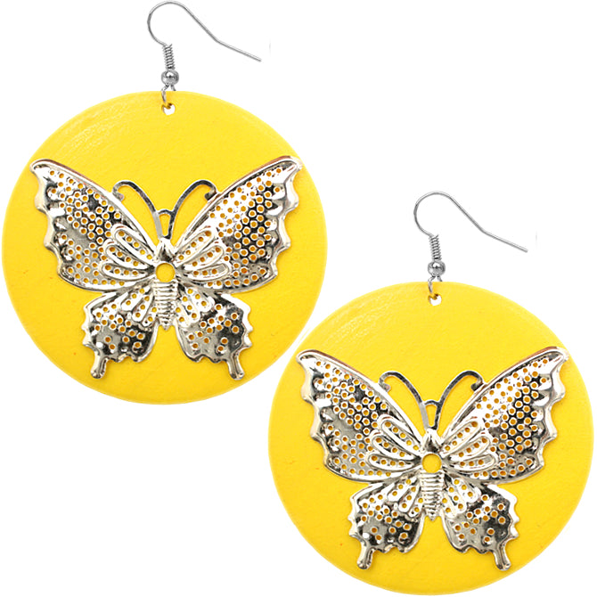 Yellow Silver Wooden Butterfly Dangle Earrings