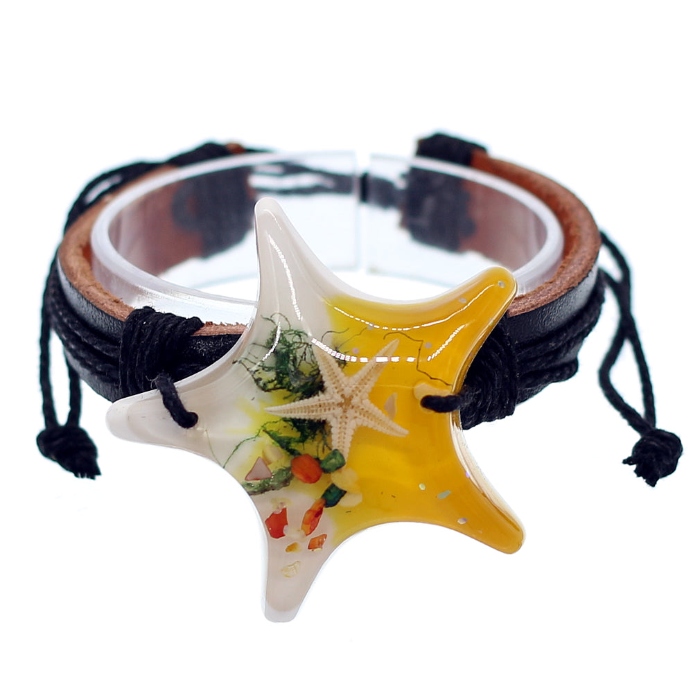 Yellow Starfish Faux Leather Adjustable Bracelet