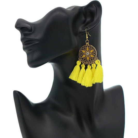 Yellow Tassel Fringe Mandala Dangle Earrings