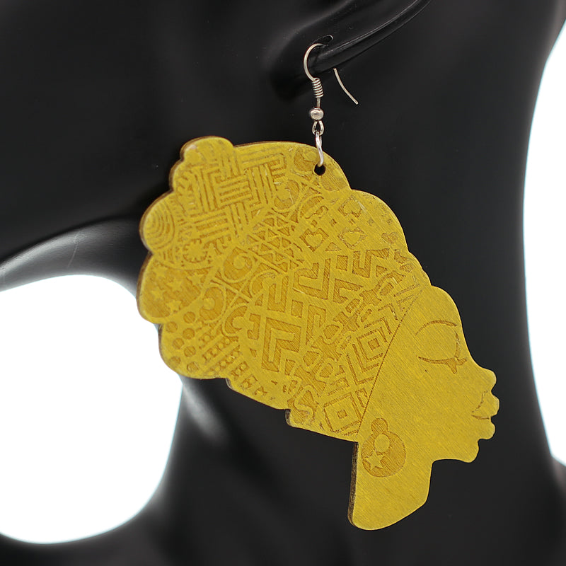 Yellow Large Turban Head Wrap Wooden Earrings