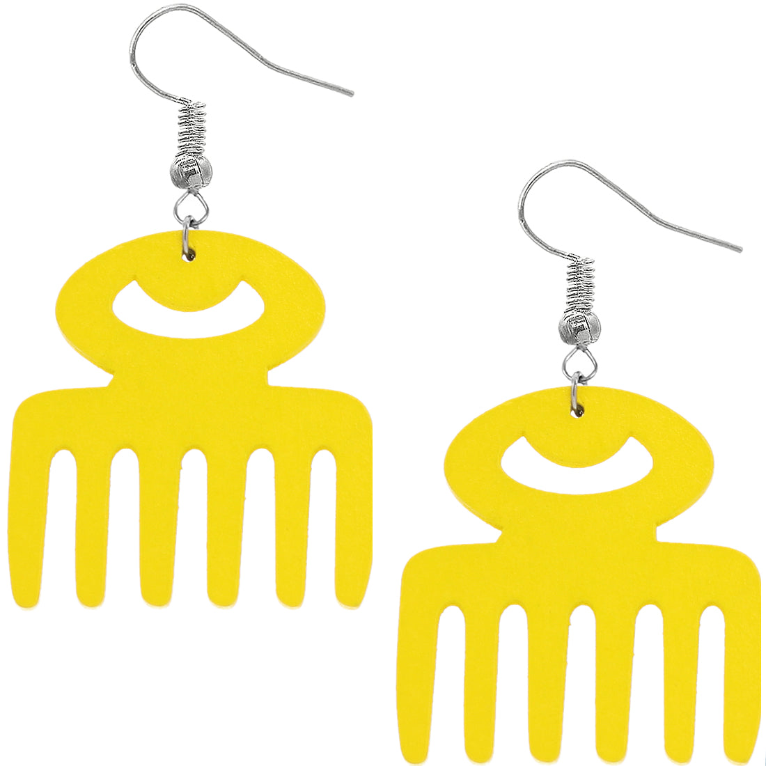 Yellow Afro Pick Wooden Dangle Earrings