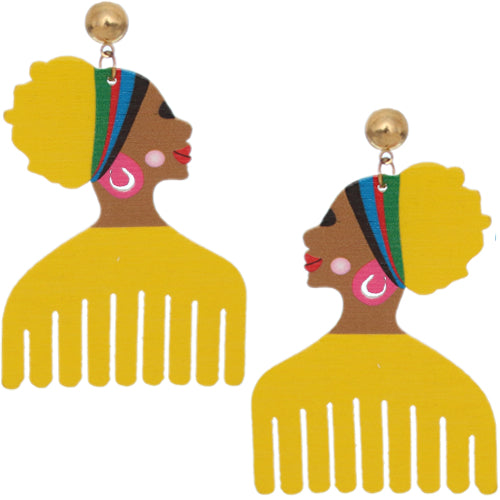 Yellow Wooden Afrocentric Afro Pick Earrings