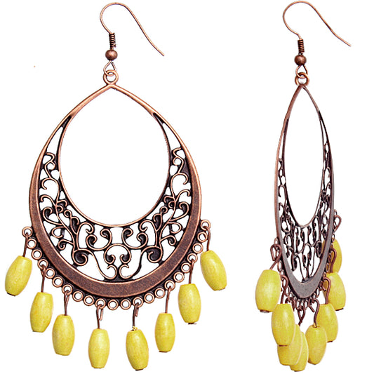 Yellow Rose Wooden Filigree Drop Earrings