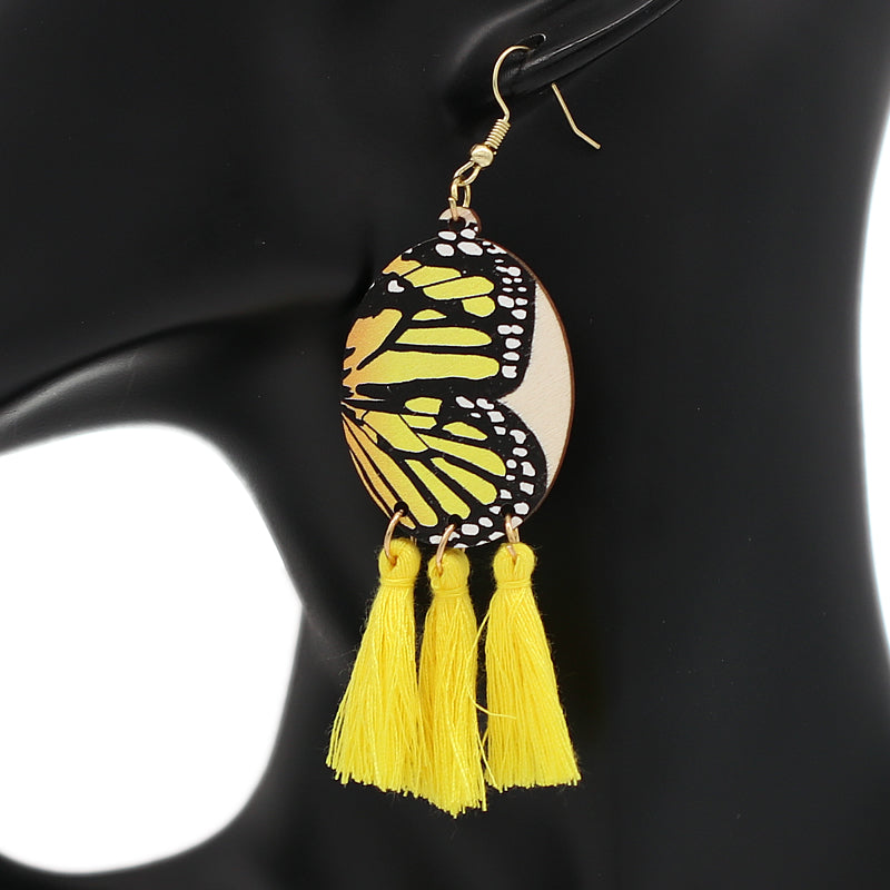 Yellow Butterfly Tassel Wooden Dangle Earrings