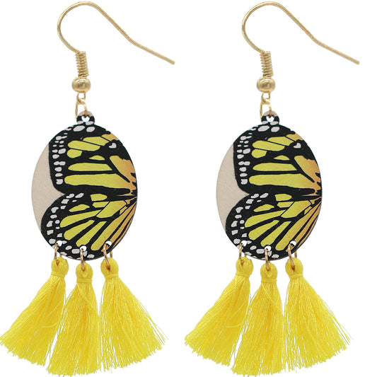 Yellow Butterfly Tassel Wooden Dangle Earrings