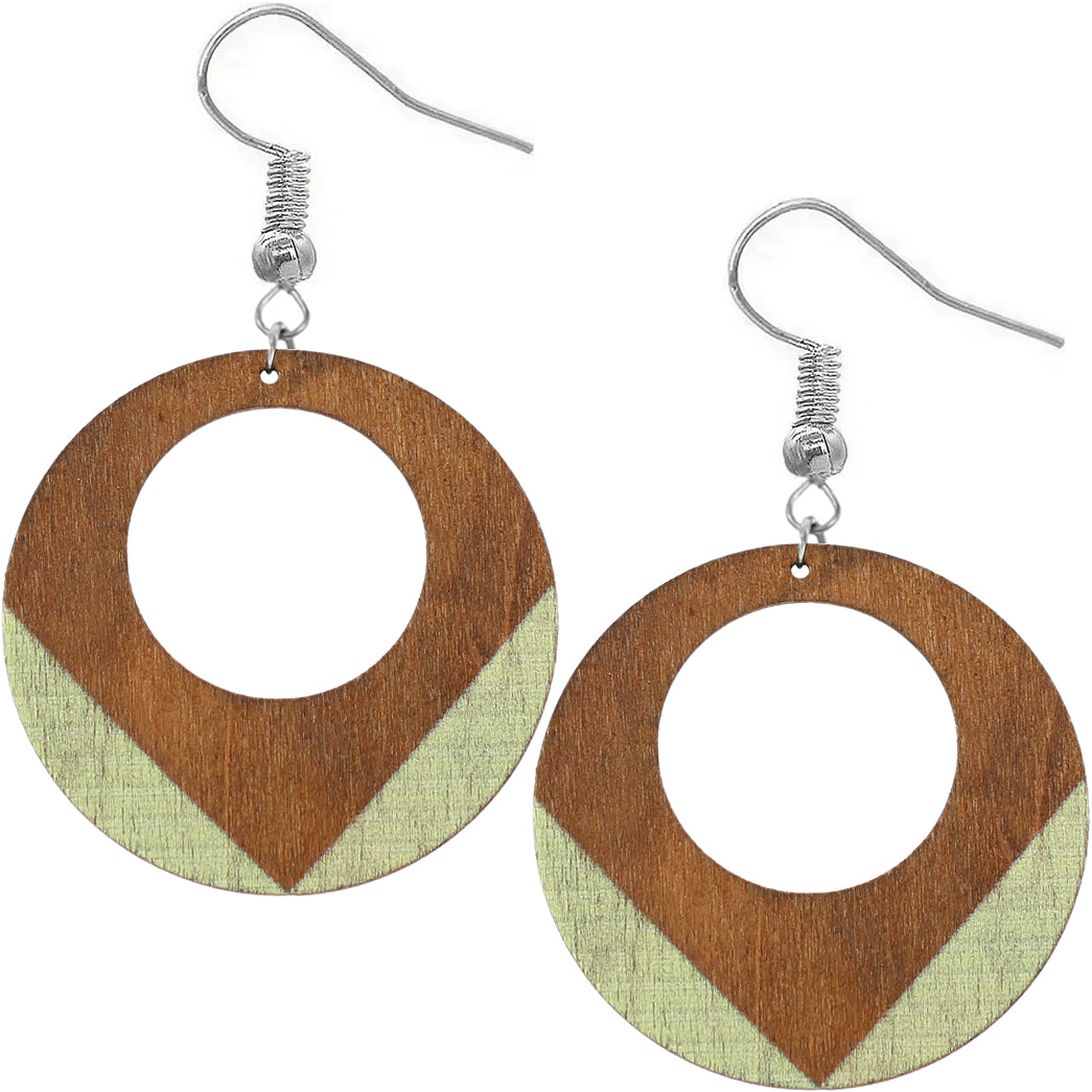 Yellowish Green Round Trim Wooden Dangle Earrings