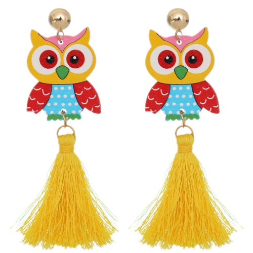 Yellow Wooden Owl Tassel Earrings