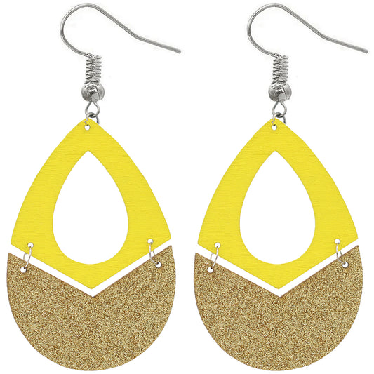 Yellow Glitter Wooden Link Teadrop Earrings
