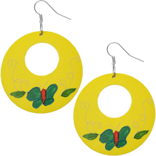 Yellow Wooden Hand Painted Butterfly Earrings