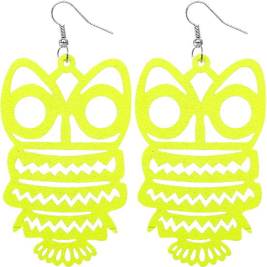 Yellow Wooden Hoot Owl Earrings