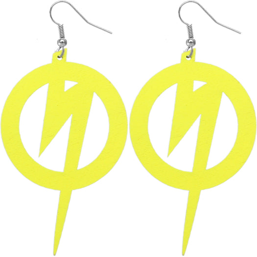 Yellow Wooden Round Lightning Thunderbolt Earrings