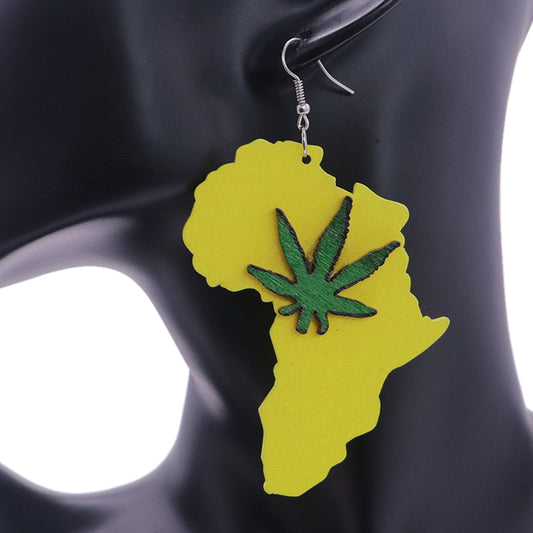 Yellow Wooden Weed Plant Africa Shaped Earrings