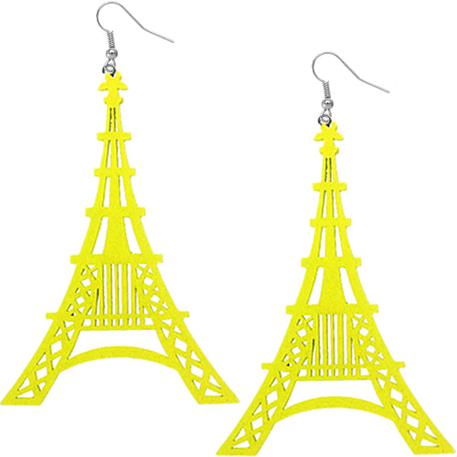 Yellow Wooden Paris Eiffel Tower Dangle Earrings