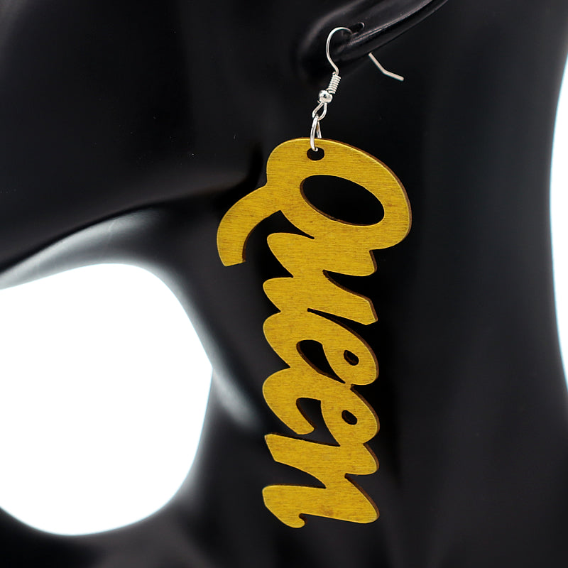 Yellow Queen Cursive Word Wooden Earrings