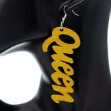 Yellow Queen Cursive Word Wooden Earrings