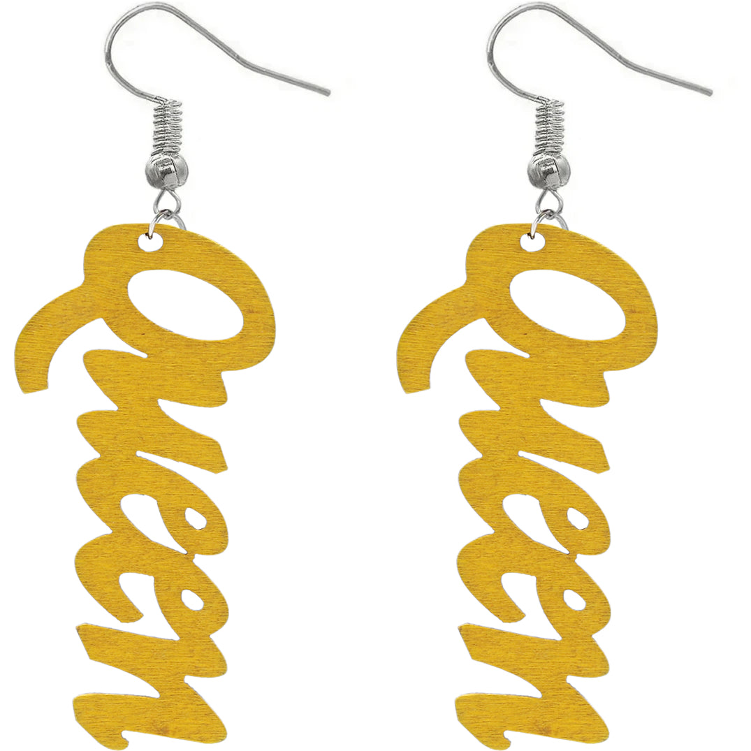 Yellow Queen Cursive Word Wooden Earrings