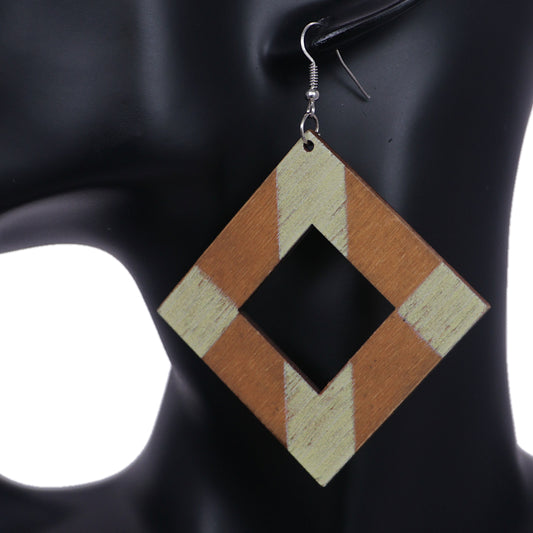 Yellow Wooden Rhombus Shape Dangle Earrings