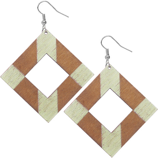 Yellow Wooden Rhombus Shape Dangle Earrings