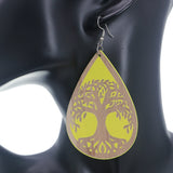 Yellow Tree Of Life Wooden Teardrop Earrings